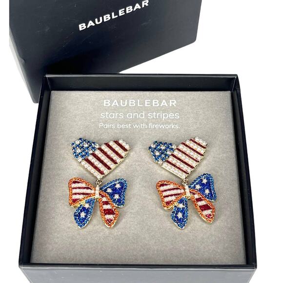 NEW BaubleBar Patriotic EARRINGS Dangle Drop Red White & Blue Bows Hearts Pearls - Picture 1 of 6